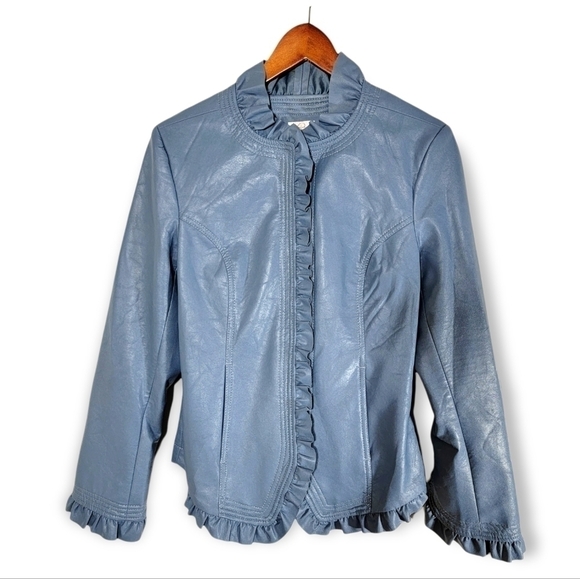 Hot in Hollywood Vegan Blue Faux Leather Jacket Ruffles Size Small - Picture 1 of 16